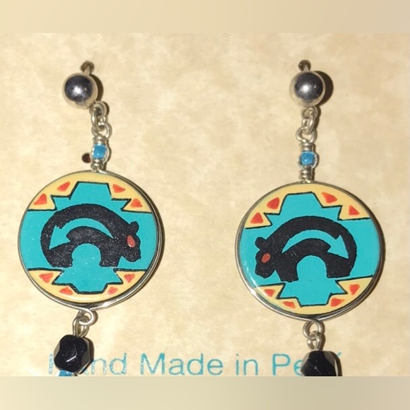 Mato Southwestern Native American Bear Arrow Blue Tribal Ethnic Geometric Dangle - Picture 9 of 16